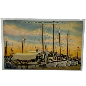 Vintage Linen Postcard Sponge Boats at the Docks Tarpon Spring Florida Tichnor